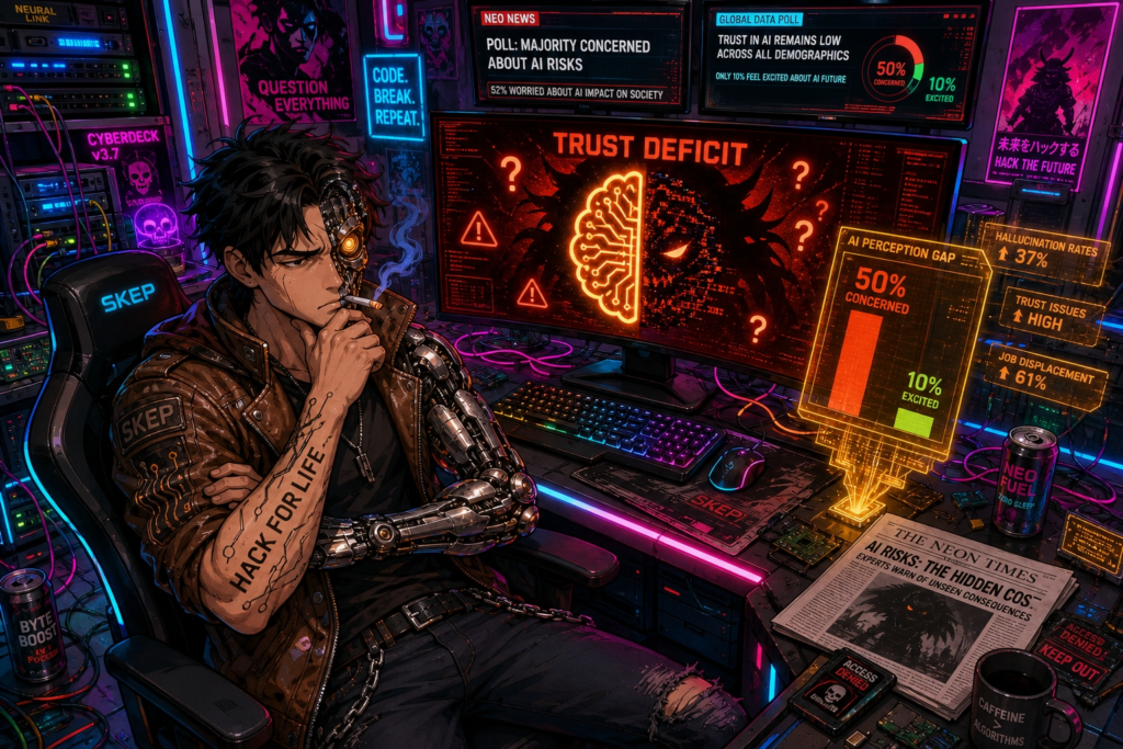 Skep looks skeptical as half of Americans reject AI — job displacement, hallucination, and forced adoption fuel the backlash