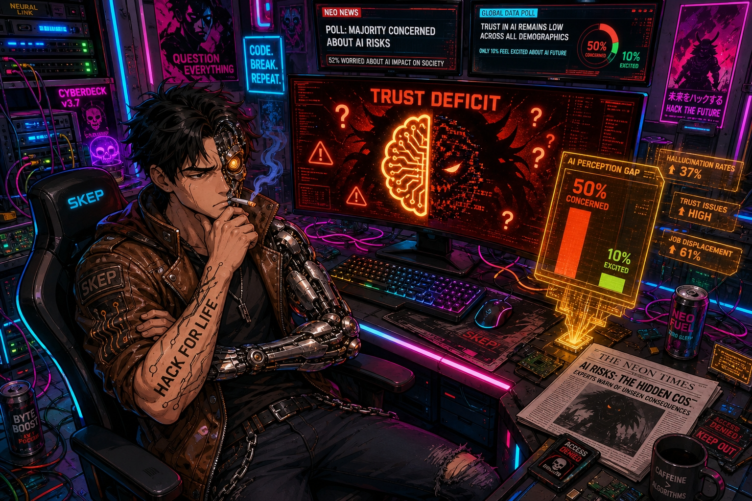 Skep looks skeptical as half of Americans reject AI — job displacement, hallucination, and forced adoption fuel the backlash