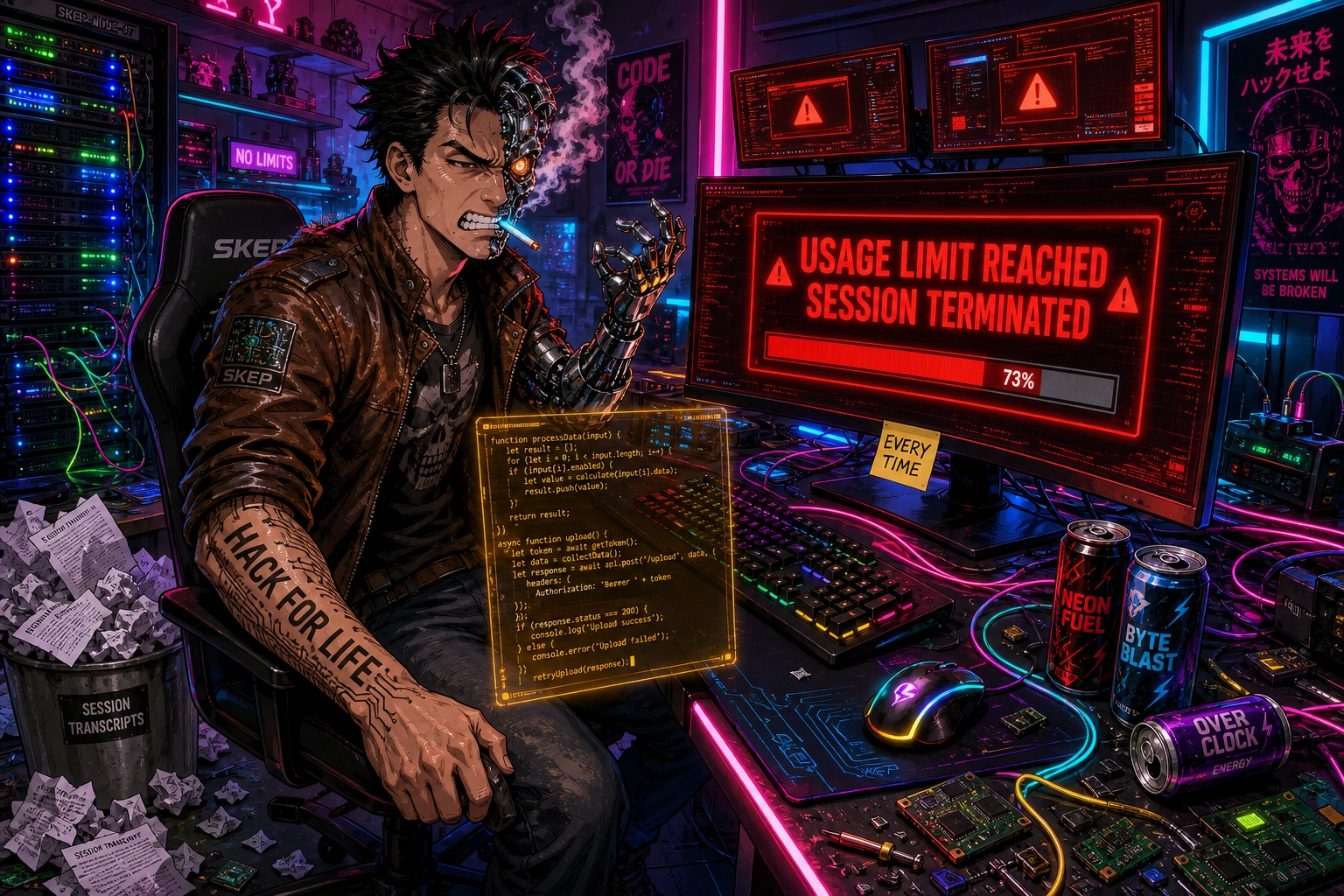 Skep hits Claude's usage limit mid-session — error message reads "SESSION TERMINATED" as incomplete code hangs on screen