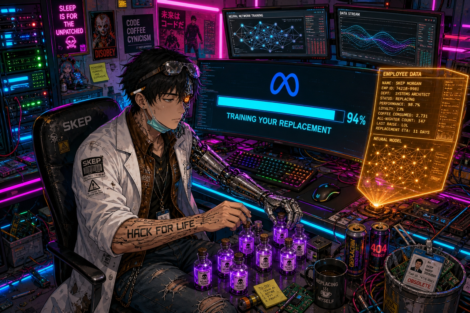 Skep prepares purple vials while his monitor shows "Training Your Replacement 94%" — Meta's forced AI training program turns employees into data poisoners